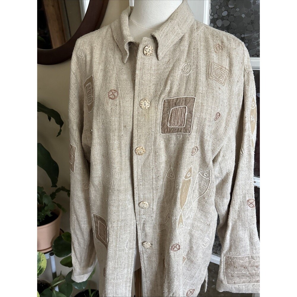 Vintage Chicos Jacket Textured Silk Abstract Fish Sz 3 Embroidered Boho XL
